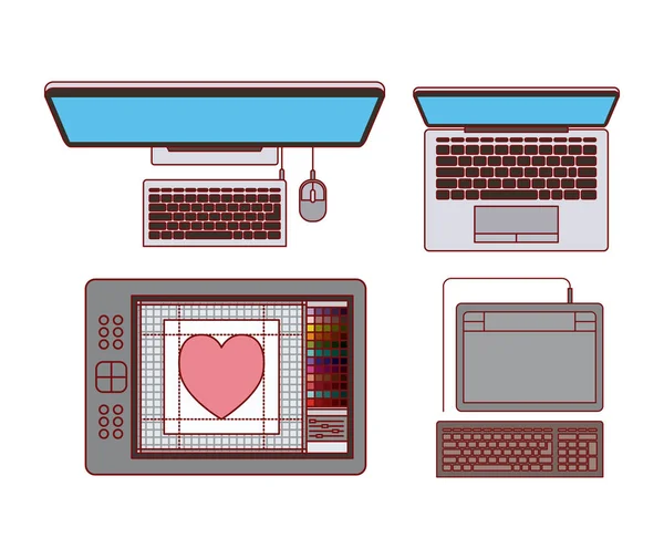 Set ordinateur de bureau et ordinateur portable avec numériseur pour la conception graphique sur fond blanc — Image vectorielle