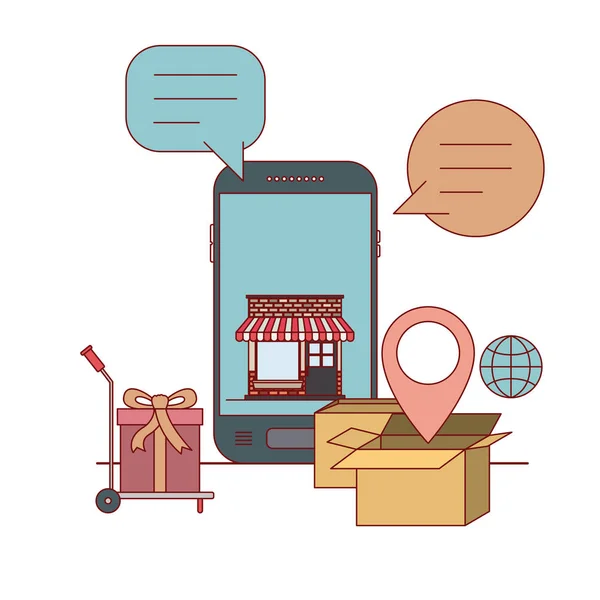 Smartphone met behang binnenkant winkel huis en vracht kar met e-commerce cadeauwinkel online op witte achtergrond — Stockvector
