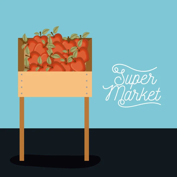 Szupermarket színes plakát tervez-val egy magas szintű polc, almával — Stock Vector