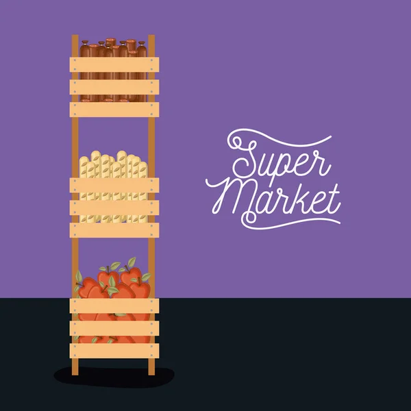 Disegno poster colorato supermercato con alto scaffale a tre livelli con pane di mele e salsicce — Vettoriale Stock