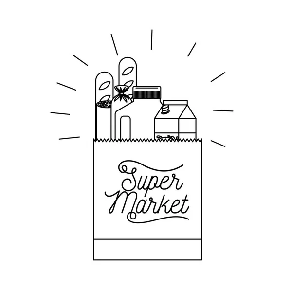 Szupermarket táska fekete-fehér, élelmiszerek és italok — Stock Vector
