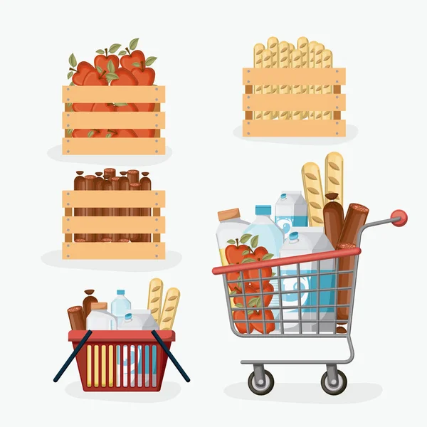 Szupermarket színes készlet, polc, kosarak és Bevásárlókocsi ételek és italok — Stock Vector