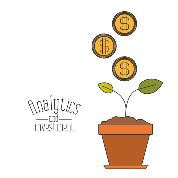 Fundo branco com planta colorida no processo pot aumentar a economia com análise de moedas e investimento —  Vetores de Stock