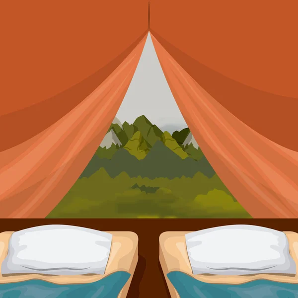 Задний план интерьера палатки кемпинга с двойным блокнотом и пейзажем снаружи — стоковый вектор