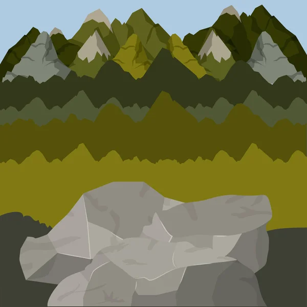 Фон за пределами лесного пейзажа с высокими горами и скалами — стоковый вектор