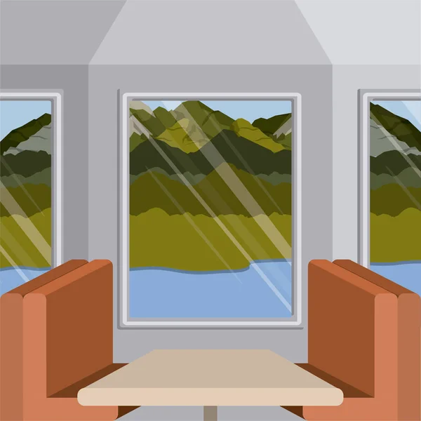 背景インテリア鉄道乗客のコンパートメントと湖の外風景風景 — ストックベクタ