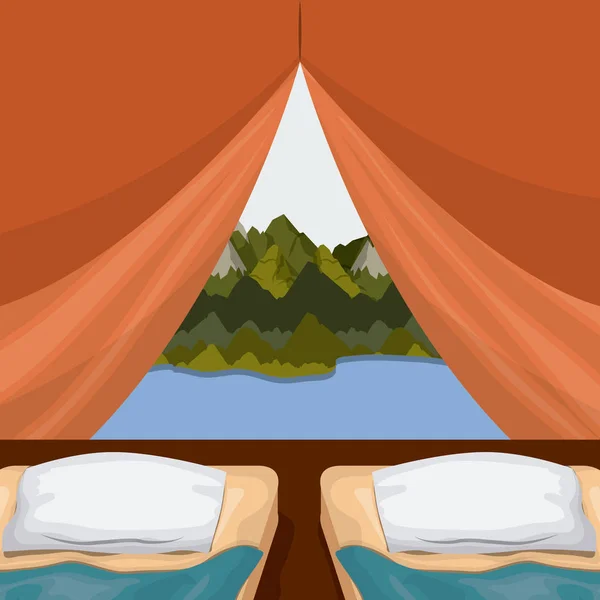 Внутренняя палатка кемпинга на заднем плане с двойной площадкой и ландшафтным пейзажем снаружи с озером — стоковый вектор