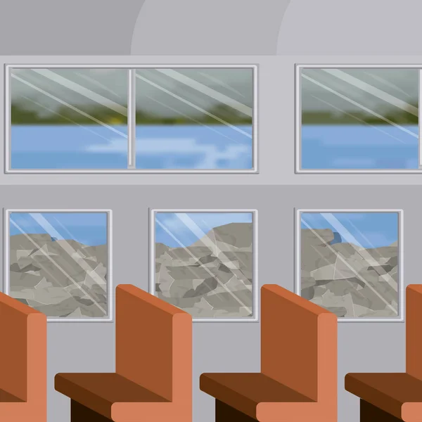 Hintergrund Innenraum Zug mit einem Fahrgastraum Reihe Stühle und See verschwimmen Landschaft außen — Stockvektor