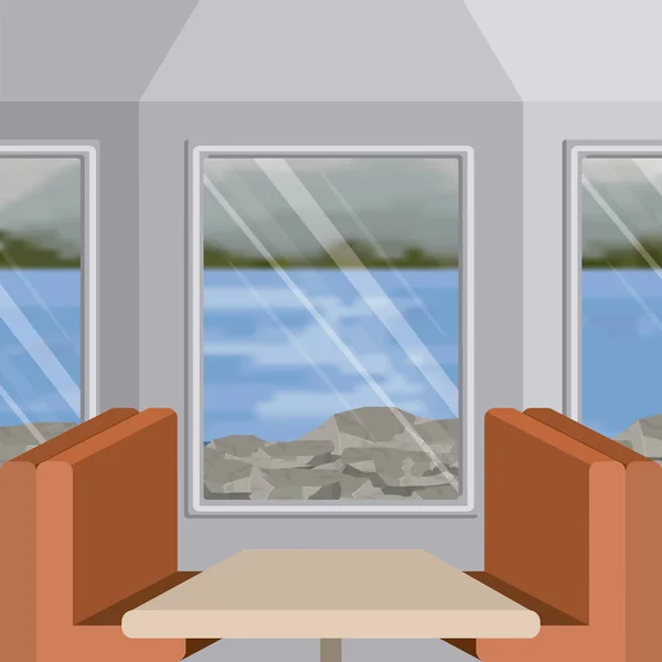 乗客のコンパートメント内部列車をバック グラウンドし、湖外風景をぼかし — ストックベクタ