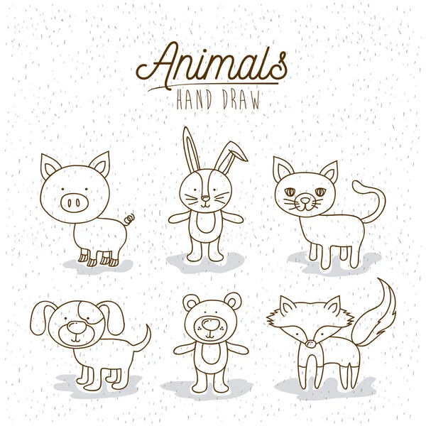 Poster monocromatico con animali disegnati a mano — Vettoriale Stock