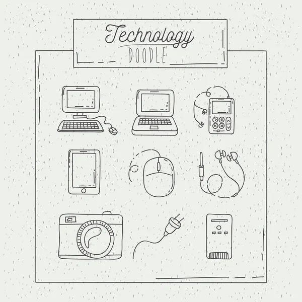 Poster monocromatico disegnato a mano con tecnologia di uso quotidiano — Vettoriale Stock