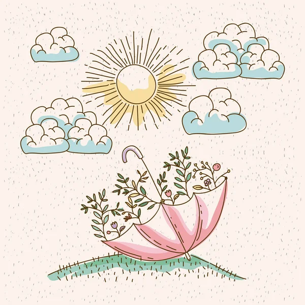 Akvarel krajiny deštník s rostlinami v hill v slunečný den — Stockový vektor