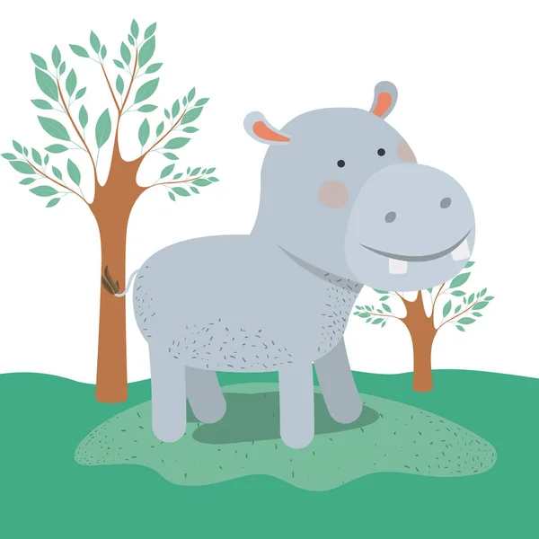 Hippopotamus animal caricature in forest landscape background — Stock Vector