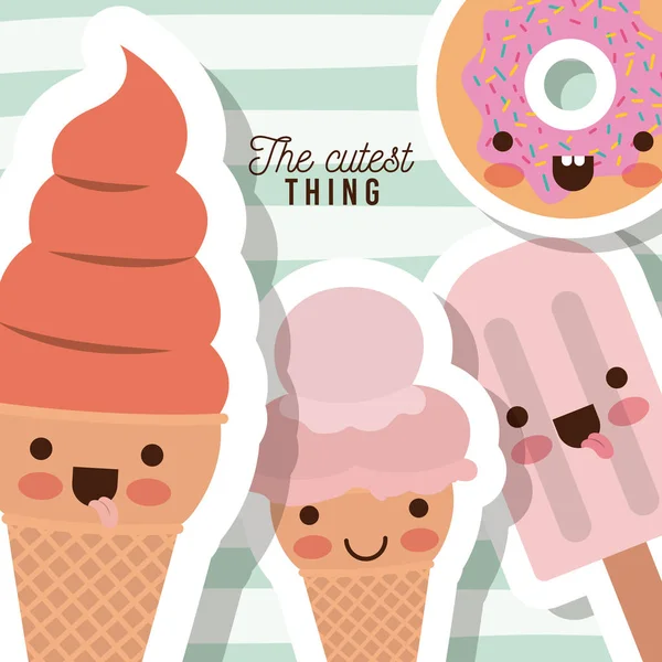 The cutest thing poster with caricature ice creams and donut closeup with thick contour and lines colorful background — Stock Vector