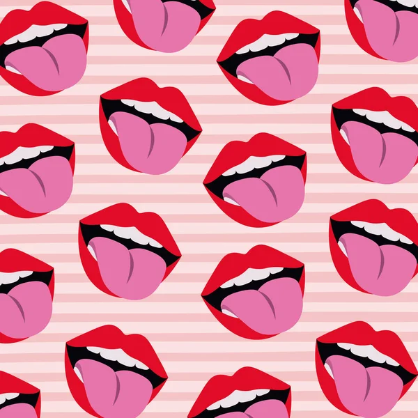 Bocca con la lingua fuori modello impostato su pop art sfondo di colore lineare — Vettoriale Stock