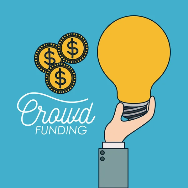 Affiche de crowdfunding de main avec grande ampoule et pièces en fond bleu — Image vectorielle