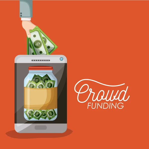Cartaz crowdfunding do dispositivo tablet com contas de garrafa de poupança na tela em fundo laranja — Vetor de Stock