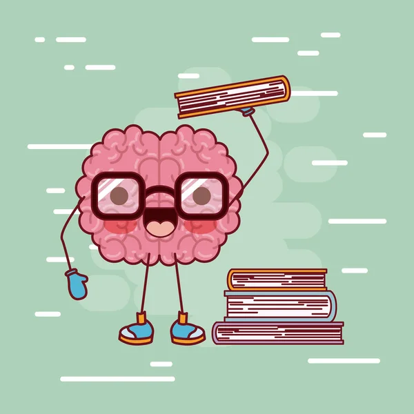 Brain cartoon with glasses and books in background light green — Stock Vector
