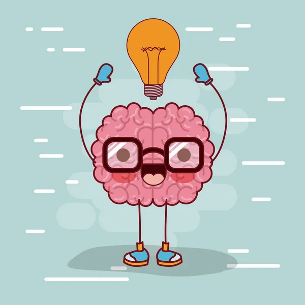Brain cartoon with glasses and light bulb on top in background light blue — Stock Vector