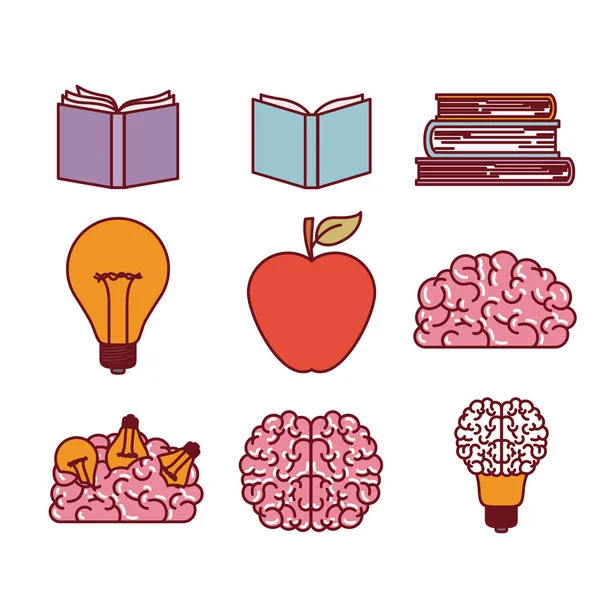 Livros cérebros farol e silhuetas de maçã definido em fundo branco — Vetor de Stock