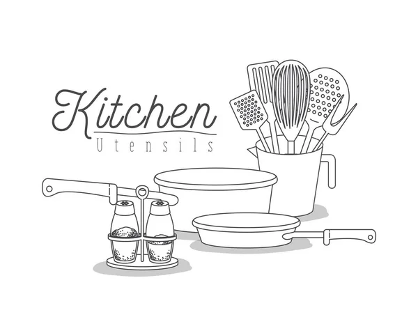Fondo blanco con set silueta utensilios de cocina — Vector de stock