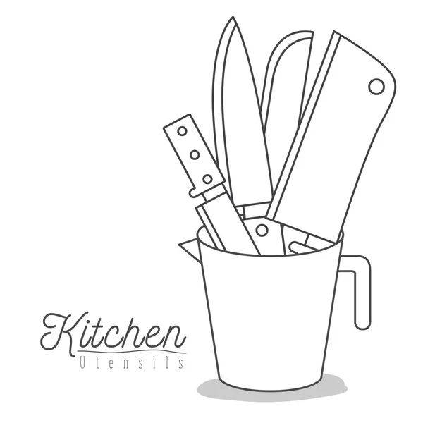 Fondo blanco con set silueta cuchillos utensilios de cocina en tarro — Archivo Imágenes Vectoriales