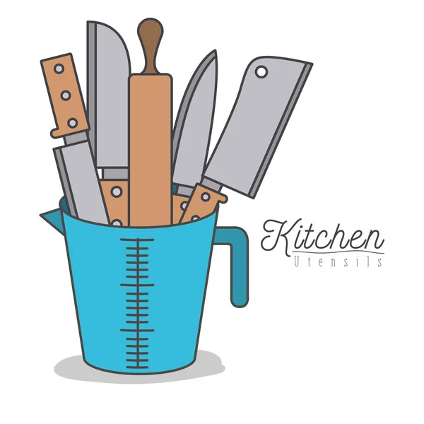 Weißer Hintergrund mit bunten Messern und hölzernen Küchenutensilien im Glas — Stockvektor