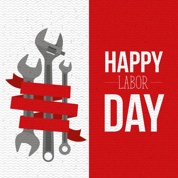 Banner colorido con líneas en zigzag del día del trabajo feliz con herramientas de llave y etiqueta roja decorativa — Vector de stock