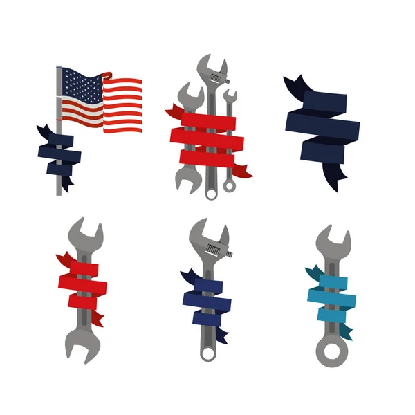 Vit bakgrund med uppsättning element symbolen glad arbetarklassdagen med dekorativa band — Stock vektor
