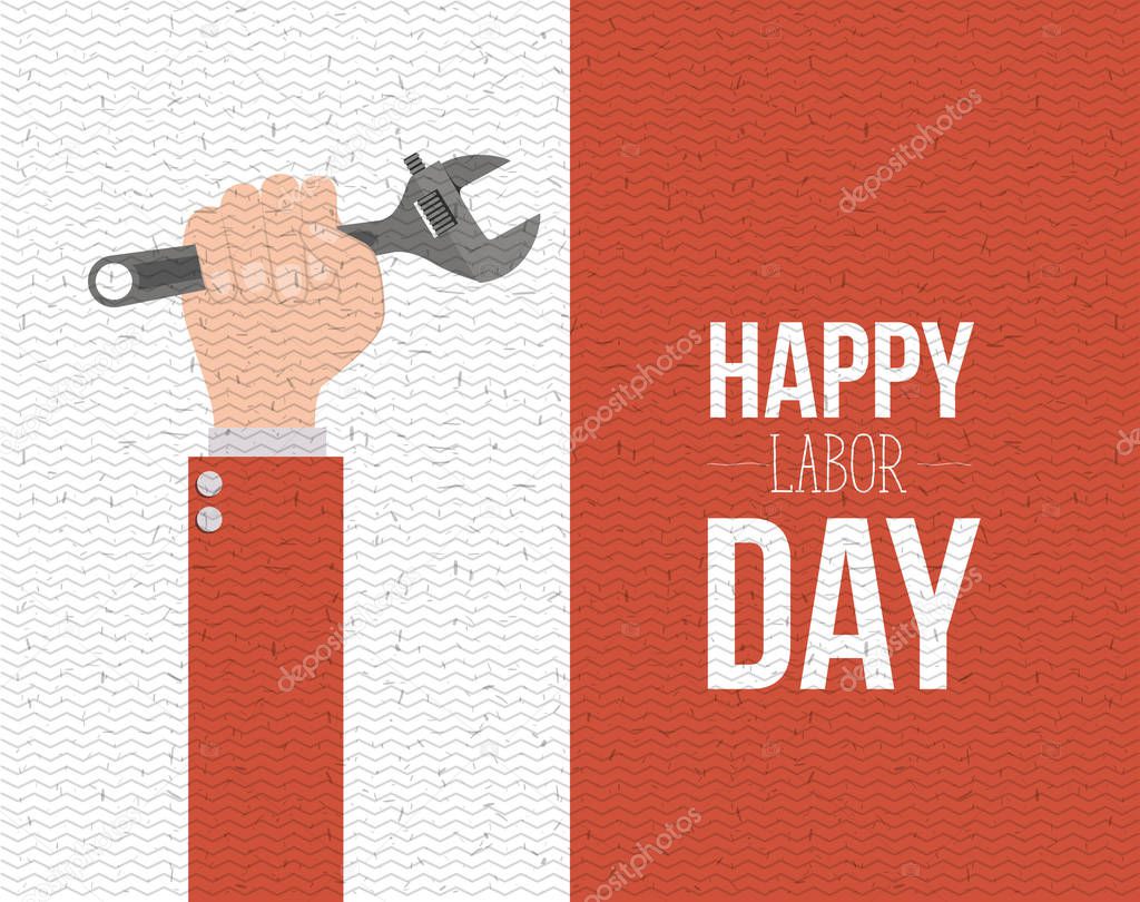 colorful banner with zigzag lines of happy labor day with hand holding spanner