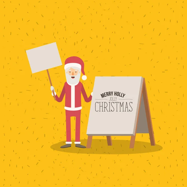 Farbposter mit Funken mit Ganzkörper-Karikatur des Weihnachtsmannes mit Holzschild in der Hand und Plakat mit fröhlichen Stechpalmen fröhliche Weihnachten — Stockvektor