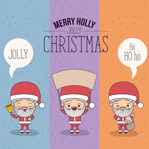 Neşeli holly jolly Noel Noel Baba set tam vücut şirin karikatürü afişini ahşap ile bir diyalog kutusu afiş sparks renk — Stok Vektör