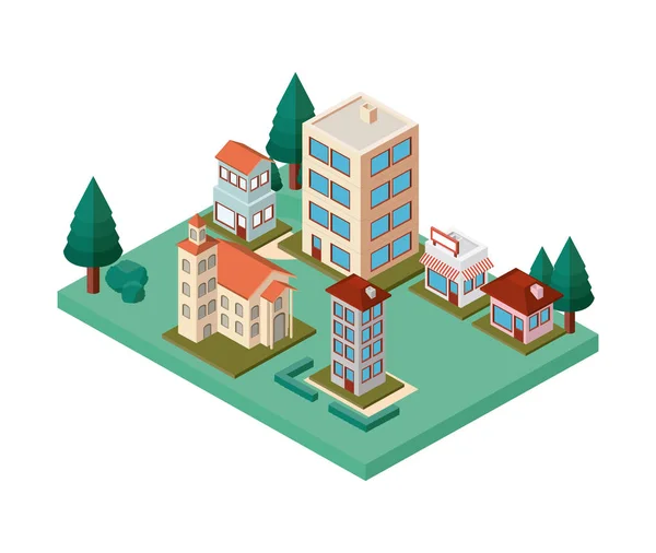 Mini trees and buildings neighborhood isometric — Stock Vector