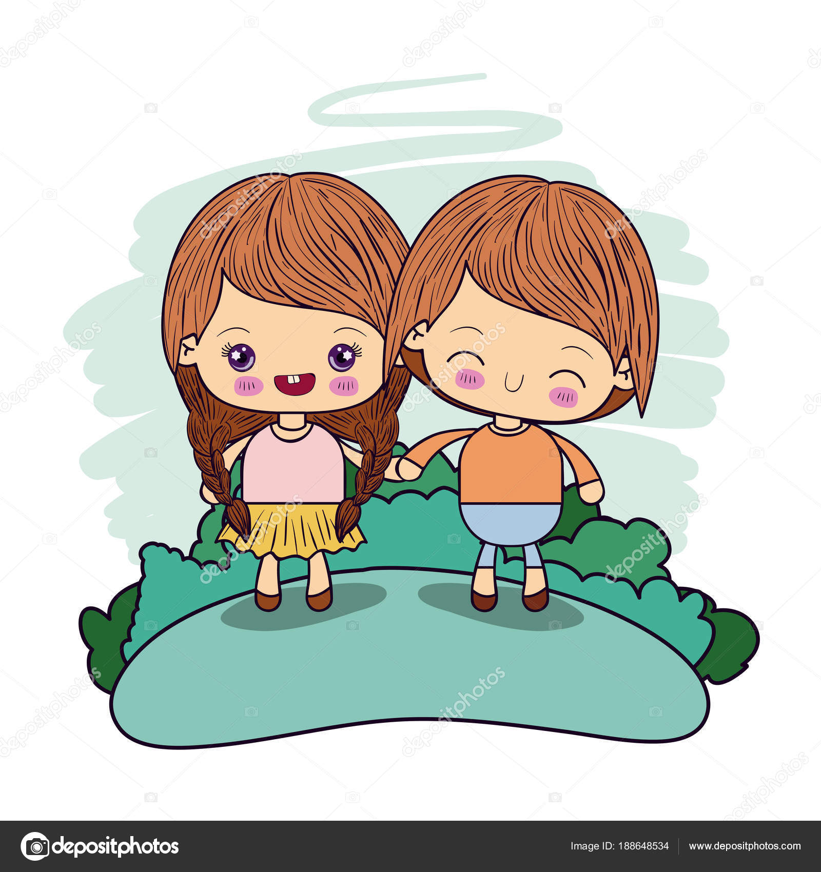 Farbe Bild paar Kawaii Mädchen Zöpfe Haar mit ...