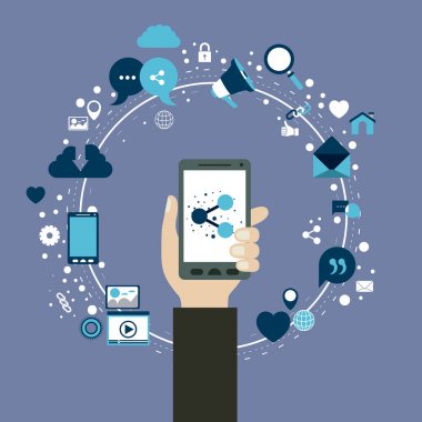renk arka plan Tech dairesel çerçeve simgeleri paylaşmak ve bir smartphone aygıtı tutan el