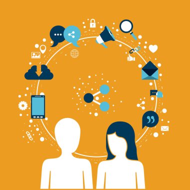 siluet erkek ve kadın paylaşım simgesi olan teknoloji Internet simge ve sosyal insanlar dairesel çerçeve arka planını renklendirin