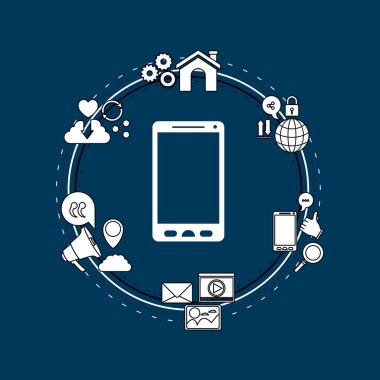 Tech dairesel çerçeve renk arka plan paylaşmak Internet simge ve portre siluet aygıt smartphone