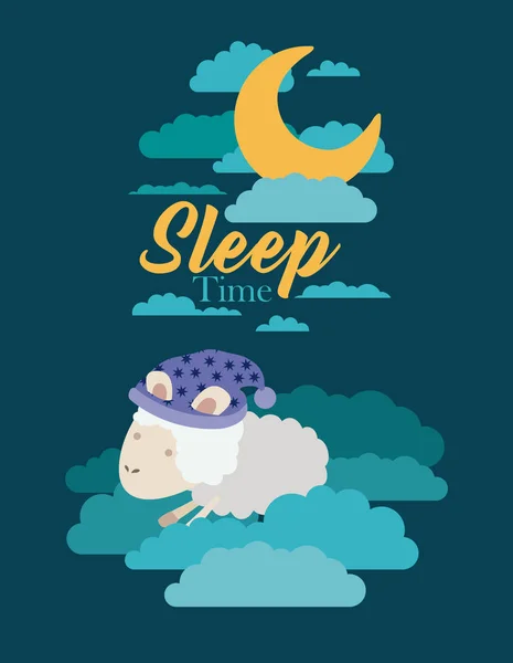 Barevný plakát scéna noční krajina doby spánku s ovcí v oblacích — Stockový vektor