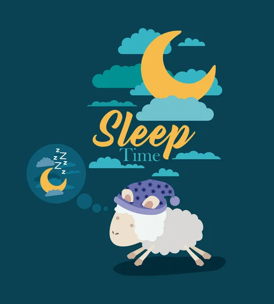 Color cartel escena cielo paisaje de sueño tiempo con ovejas pensando en la noche — Vector de stock