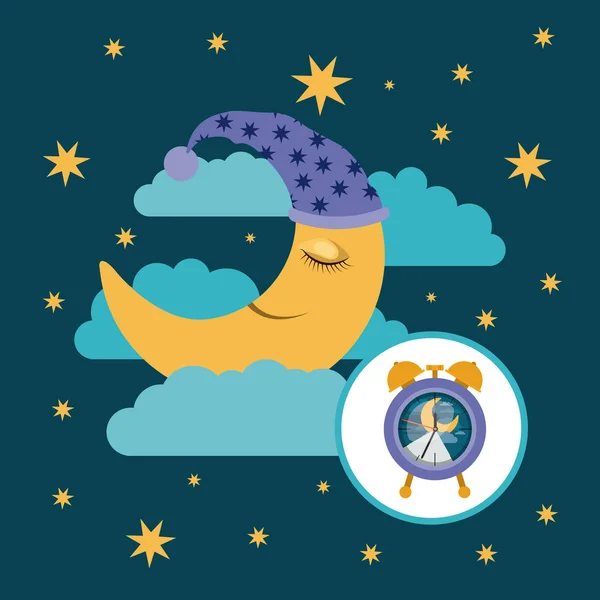 Barevný plakát scénu sky krajina Moon se spaním cap snění a budík ikona — Stockový vektor