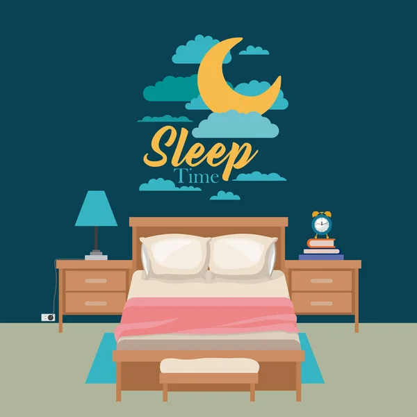 彩色海报场景夜景观可爱的卧室睡眠时间 — 图库矢量图片