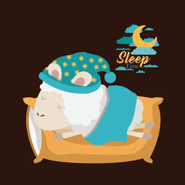 Colore poster scena di pecore dormire nel cuscino e bolla notte paesaggio dormire tempo — Vettoriale Stock