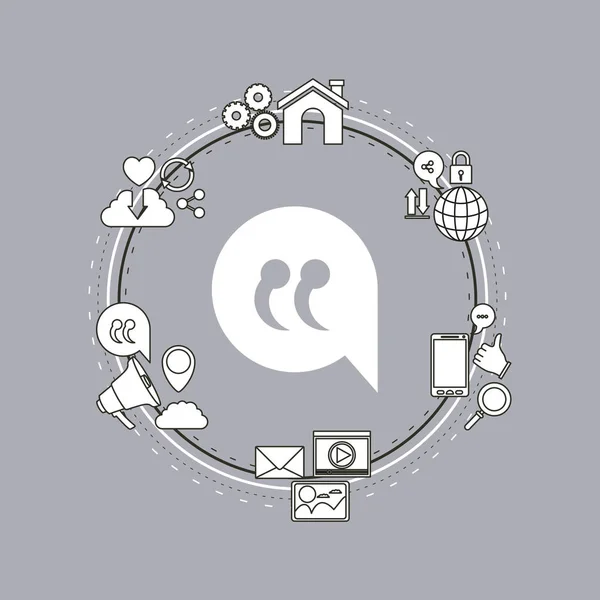Achtergrondkleur van circulaire frame van tech delen internet-pictogrammen en close-up silhouet zeepbel dialoogvenster — Stockvector