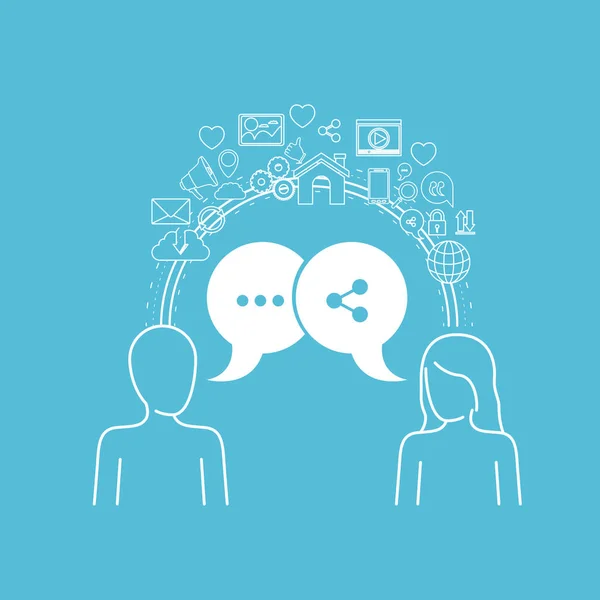 Fond de couleur de cadre circulaire d'icônes de partage de technologie et de personnes sociales avec boîte de dialogue — Image vectorielle