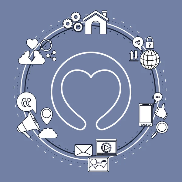 Fondo de color de marco circular de tecnología compartir iconos de Internet y silueta de primer plano forma del corazón — Vector de stock