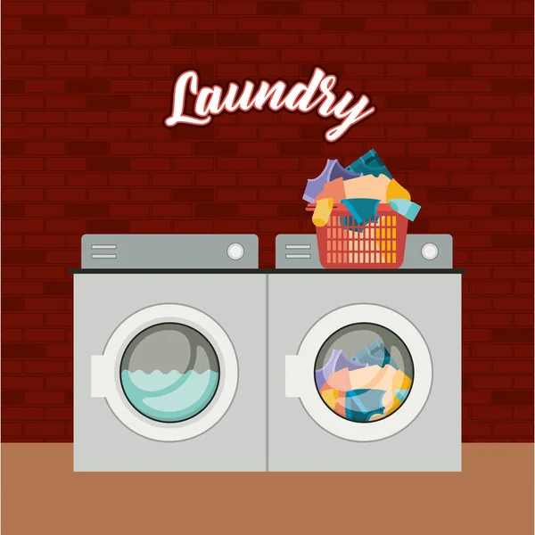 Backsteinwand Hintergrund von Set Waschmaschine Wäsche ein Haufen schmutzige Kleidung in Plastikbecken — Stockvektor