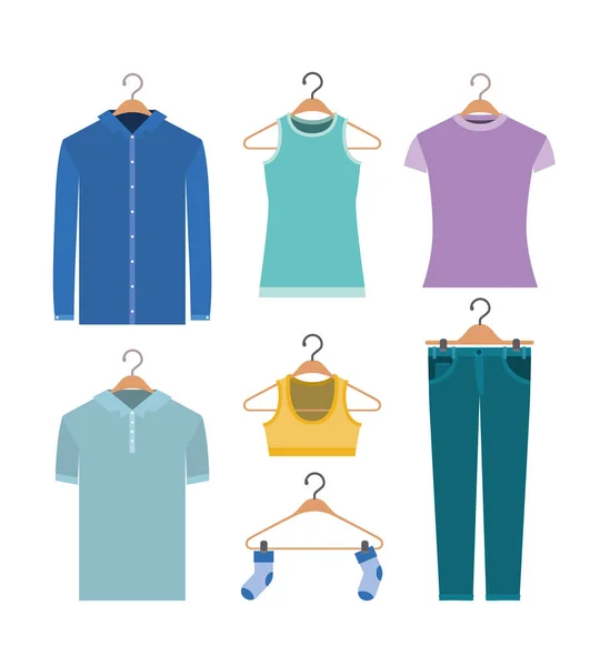 White background of colorful set elements clothes in hangers — Stock Vector