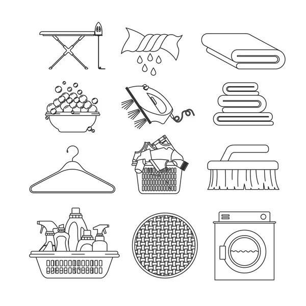 White background of contour set elements of laundry and cleaning items of wash machine — Stock Vector