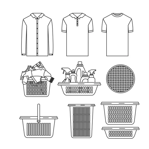 Weißer Hintergrund der Silhouette Set-Elemente der Wäsche und Reinigungsmittel mit Kleidung und Plastikbecken — Stockvektor