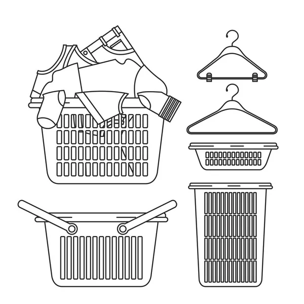 塑料盆和金属衣架上服装轮廓集元素的白色背景 — 图库矢量图片